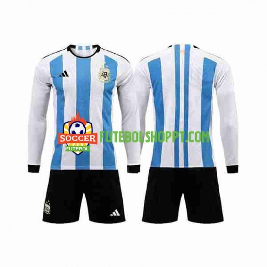 Camisola Júnior Argentina 3 Stars Principais Equipamento Copa do Mundo 2022 Manga Comprida