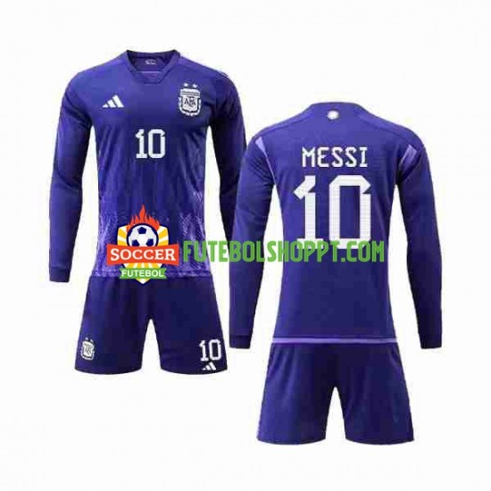 Camisola Júnior Argentina 3 Stars Lionel Messi 10 Alternativa Equipamento Copa do Mundo 2022 Manga Comprida