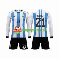 Camisola Júnior Argentina 3 Stars Paulo Dybala 21 Principais Equipamento Copa do Mundo 2022 Manga Comprida