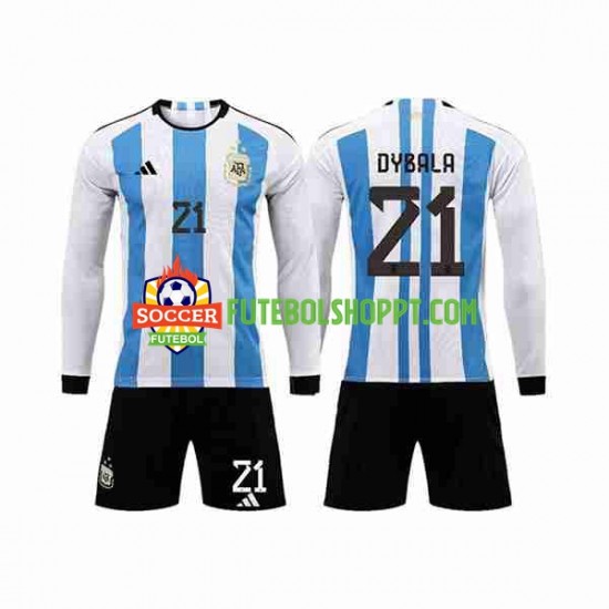 Camisola Júnior Argentina 3 Stars Paulo Dybala 21 Principais Equipamento Copa do Mundo 2022 Manga Comprida