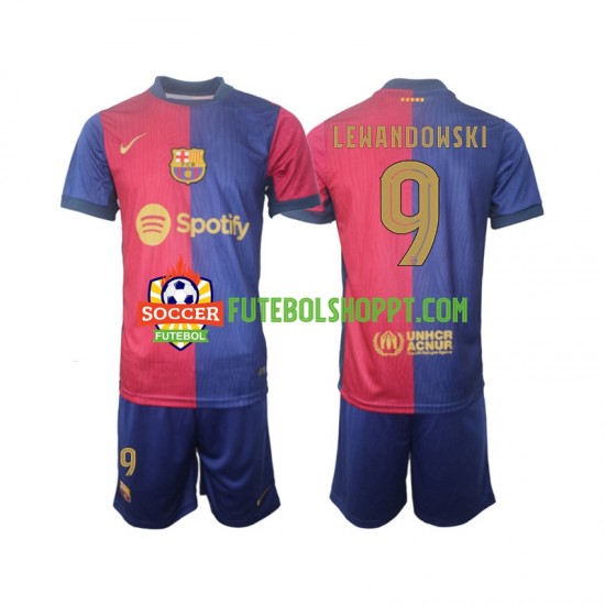 Camisola Júnior FC Barcelona UCL Font Robert Lewandowski 9 Principais Equipamento 2024-2025 Manga Curta