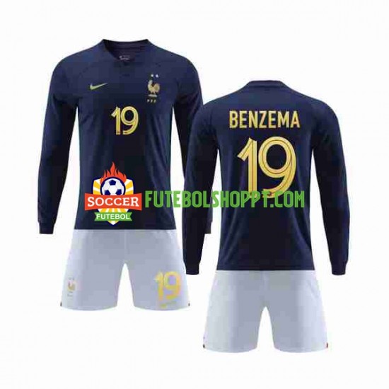Camisola Júnior França Benzema 19 Principais Equipamento Copa do Mundo 2022 Manga Comprida
