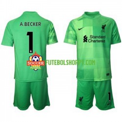 Camisola Júnior Liverpool Alisson Becker 1 Guarda-redes Principais Equipamento 2021-2022 Manga Curta