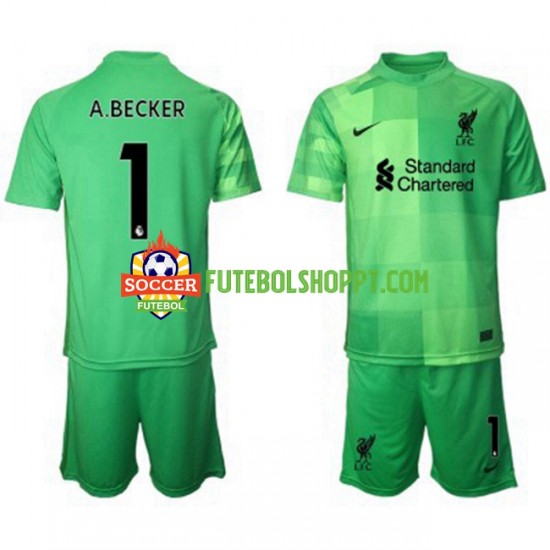 Camisola Júnior Liverpool Alisson Becker 1 Guarda-redes Principais Equipamento 2021-2022 Manga Curta