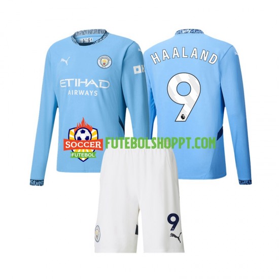Camisola Júnior Manchester City Erling Haaland 9 Principais Equipamento 2024-2025 Manga Comprida