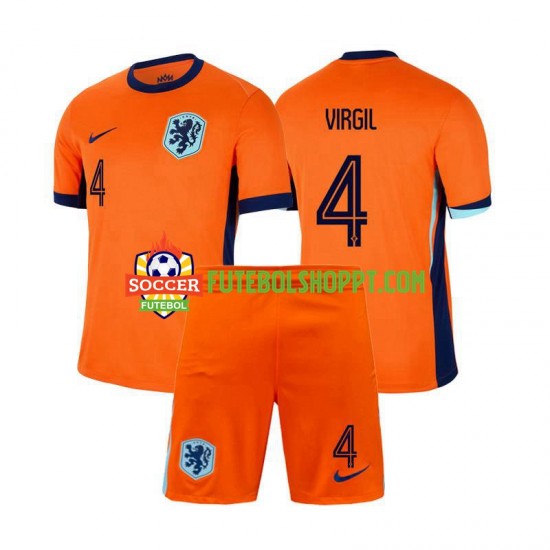 Camisola Júnior Países Baixos Virgil van Dijk 4 Principais Equipamento Euro 2024 Manga Curta