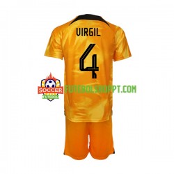 Camisola Júnior Países Baixos Virgil van Dijk 4 Principais Equipamento Mundial 2022 Manga Curta