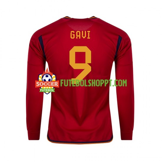 Camisola Homem Espanha Gavi 9 Principais Equipamento Copa do Mundo 2022 Manga Comprida