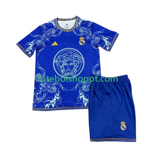Camisola Júnior Real Madrid Versace Blue Edition Principais Equipamento 2024-2025 Manga Curta