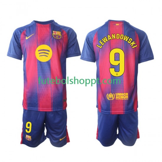 Camisola Júnior FC Barcelona Robert Lewandowski 9 Principais Equipamento 2025-2026 Manga Curta