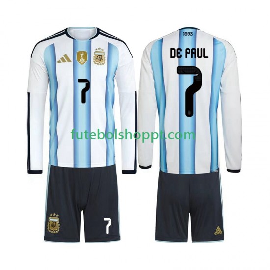 Camisola Júnior Argentina Rodrigo De Paul 7 Principais Equipamento Copa do Mundo 2026 Manga Comprida