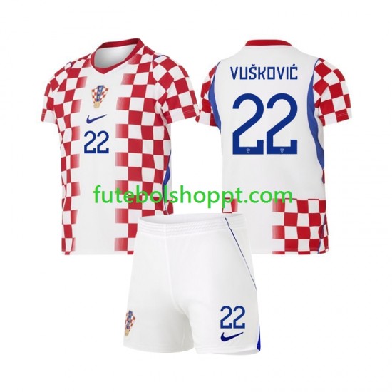 Camisola Júnior Croácia Luka Vuskovic 22 Principais Equipamento Copa do Mundo 2026 Manga Curta