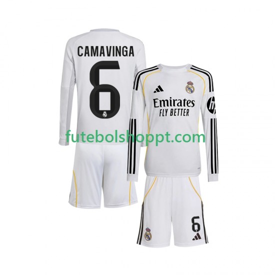 Camisola Júnior Real Madrid Camavinga 6 Principais Equipamento 2025-2026 Manga Comprida